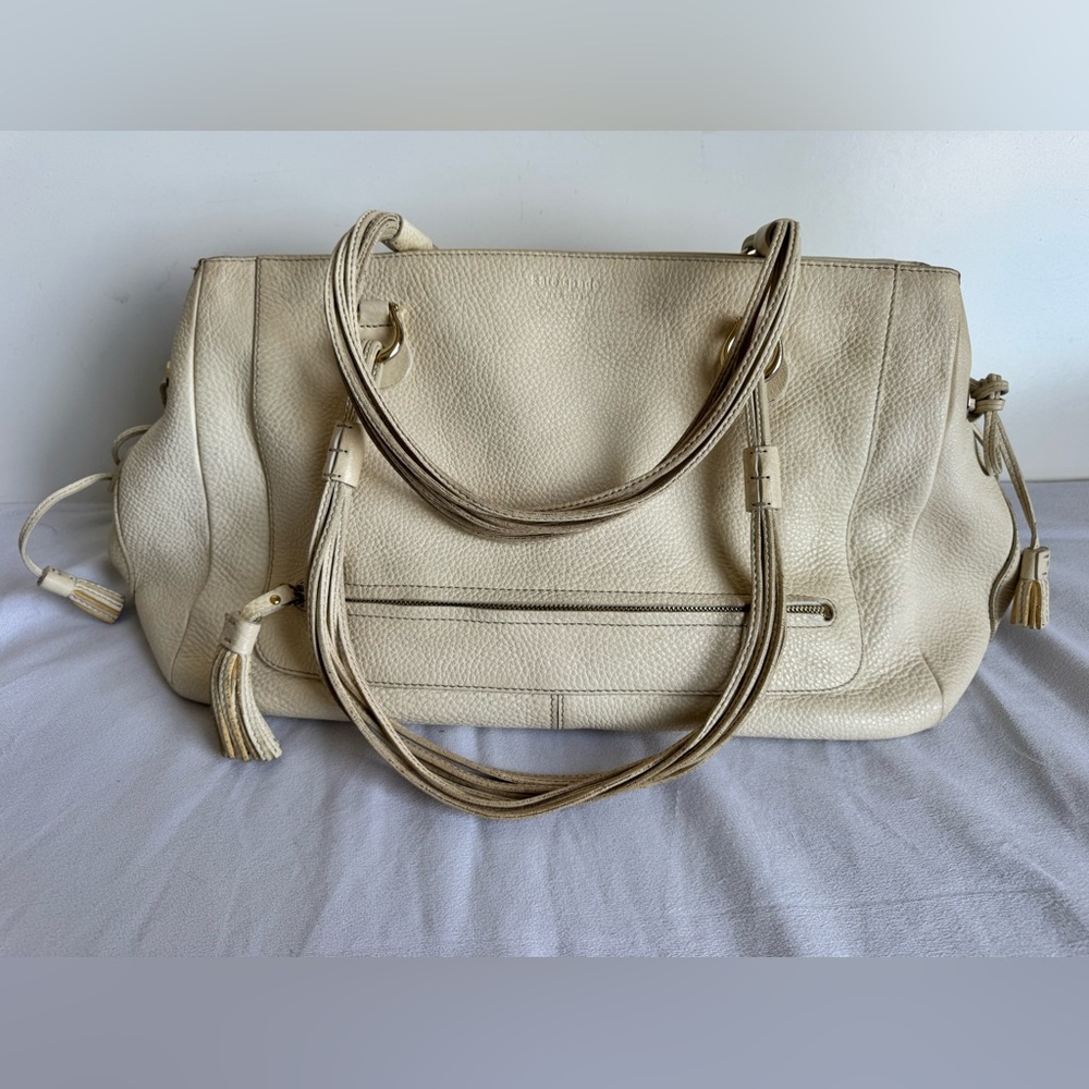 Kate Spade Deco Large Cream Pebbled Leather Satchel Bag Rope Handle Neutral Boho
